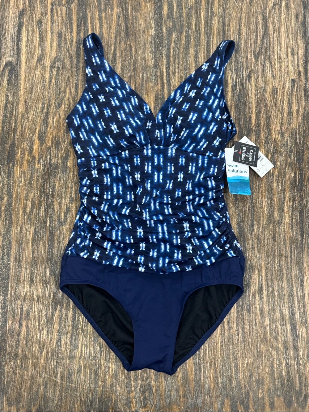 NWT Swim Solutions One Piece Swimsuit Size 8 Navy Shibori Print Tummy Control